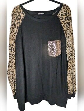 NWOT e.Luna Plus Size 3X Black Leopard Sequin Pocket Sweater Top